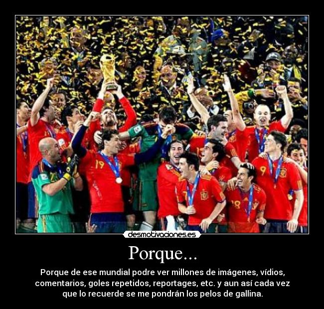 Porque... - Porque de ese mundial podre ver millones de imágenes, vídios,
comentarios, goles repetidos, reportages, etc. y aun así cada vez
que lo recuerde se me pondrán los pelos de gallina.