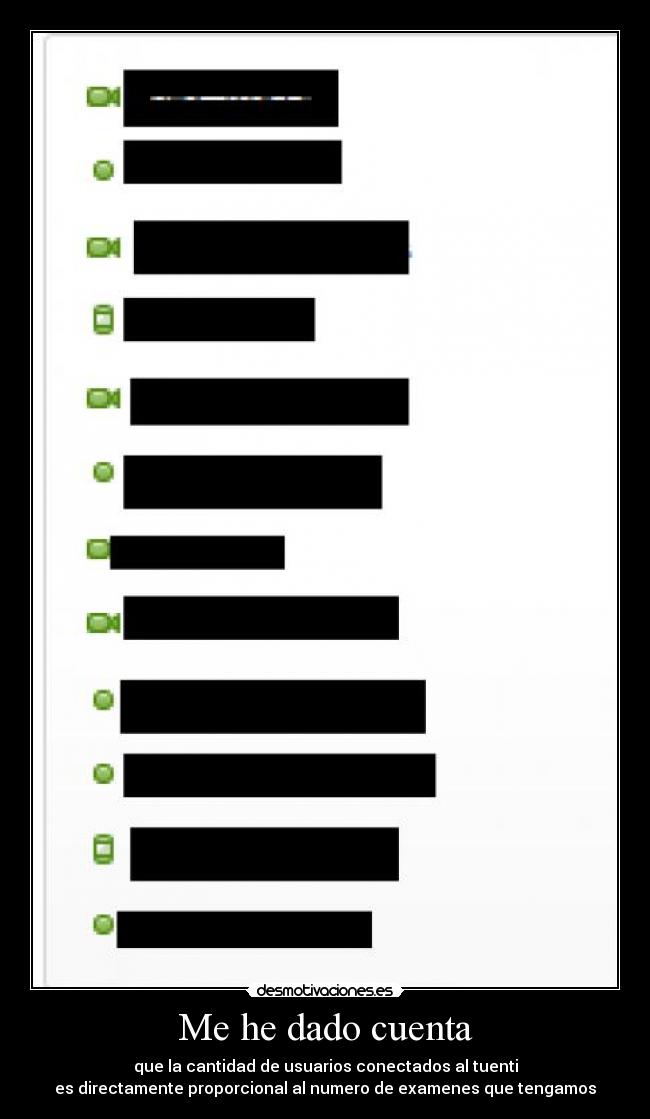 Me he dado cuenta - que la cantidad de usuarios conectados al tuenti
es directamente proporcional al numero de examenes que tengamos