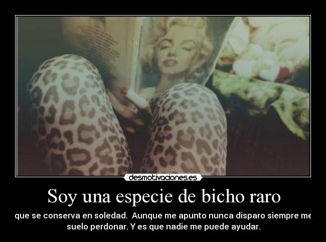 Soy una especie de bicho raro - que se conserva en soledad.  Aunque me apunto nunca disparo siempre me
suelo perdonar. Y es que nadie me puede ayudar.