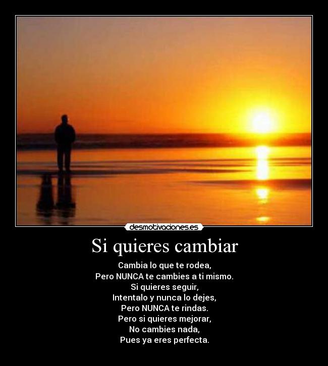 Si quieres cambiar - Cambia lo que te rodea,
Pero NUNCA te cambies a ti mismo.
Si quieres seguir,
Intentalo y nunca lo dejes,
Pero NUNCA te rindas.
Pero si quieres mejorar,
No cambies nada,
Pues ya eres perfecta.