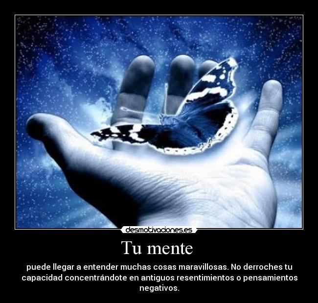 Tu mente - puede llegar a entender muchas cosas maravillosas. No derroches tu
capacidad concentrándote en antiguos resentimientos o pensamientos
negativos.