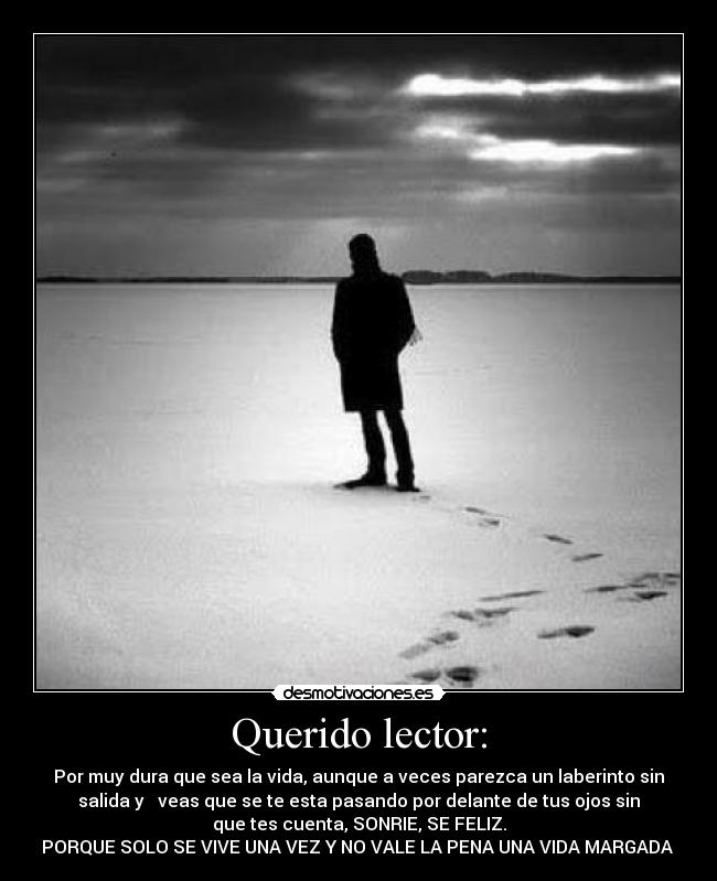 Querido lector: - Por muy dura que sea la vida, aunque a veces parezca un laberinto sin
salida y   veas que se te esta pasando por delante de tus ojos sin
que tes cuenta, SONRIE, SE FELIZ.
PORQUE SOLO SE VIVE UNA VEZ Y NO VALE LA PENA UNA VIDA MARGADA 