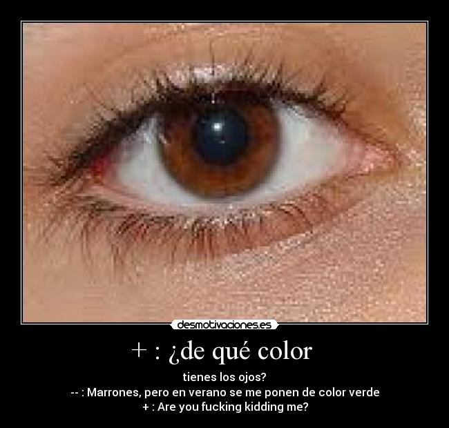 + : ¿de qué color  - tienes los ojos?
-- : Marrones, pero en verano se me ponen de color verde
+ : Are you fucking kidding me?