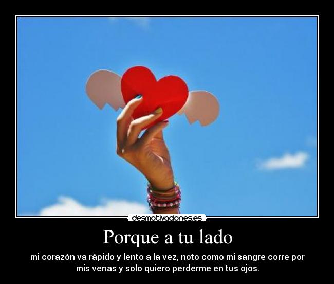 Porque a tu lado - mi corazón va rápido y lento a la vez, noto como mi sangre corre por
mis venas y solo quiero perderme en tus ojos.