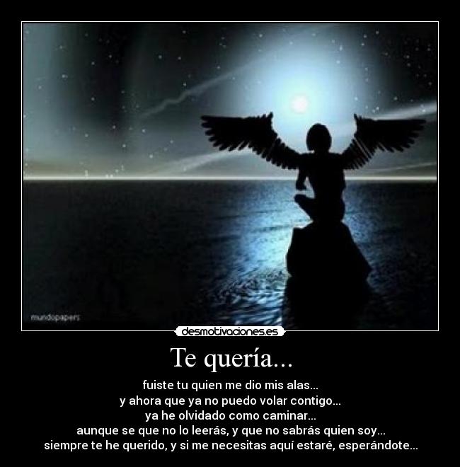 Te quería... - fuiste tu quien me dio mis alas...
y ahora que ya no puedo volar contigo...
ya he olvidado como caminar...
aunque se que no lo leerás, y que no sabrás quien soy...
siempre te he querido, y si me necesitas aquí estaré, esperándote...