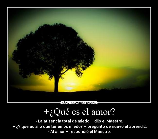 +¿Qué es el amor? - - La ausencia total de miedo – dijo el Maestro.
+ ¿Y qué es a lo que tenemos miedo? – preguntó de nuevo el aprendiz.
- Al amor – respondió el Maestro.