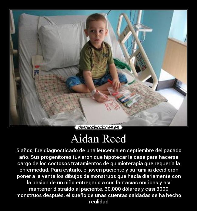 Aidan Reed - 5 años, fue diagnosticado de una leucemia en septiembre del pasado
año. Sus progenitores tuvieron que hipotecar la casa para hacerse
cargo de los costosos tratamientos de quimioterapia que requería la
enfermedad. Para evitarlo, el joven paciente y su familia decidieron
poner a la venta los dibujos de monstruos que hacía diariamente con
la pasión de un niño entregado a sus fantasías oníricas y así
mantener distraído al paciente. 30.000 dólares y casi 3000
monstruos después, el sueño de unas cuentas saldadas se ha hecho
realidad