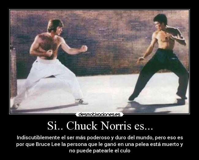 Si.. Chuck Norris es... - Indiscutiblemente el ser más poderoso y duro del mundo, pero eso es
por que Bruce Lee la persona que le ganó en una pelea está muerto y
no puede patearle el culo