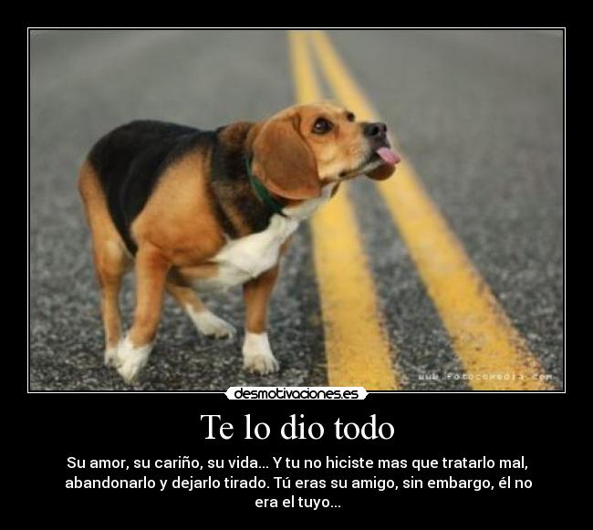 Te lo dio todo - Su amor, su cariño, su vida... Y tu no hiciste mas que tratarlo mal,
 abandonarlo y dejarlo tirado. Tú eras su amigo, sin embargo, él no era el tuyo...