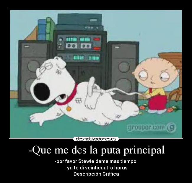 -Que me des la puta principal - -por favor Stewie dame mas tiempo
-ya te di veinticuatro horas
Descripción Gráfica