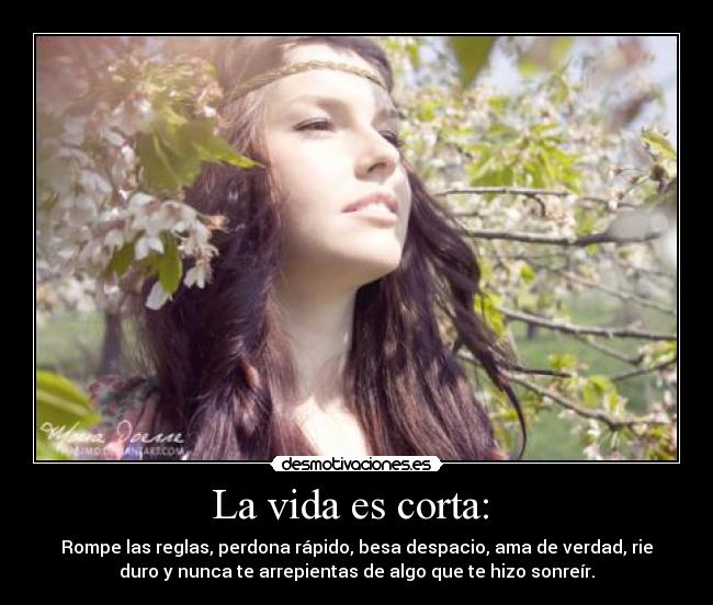 La vida es corta:  - Rompe las reglas, perdona rápido, besa despacio, ama de verdad, rie
duro y nunca te arrepientas de algo que te hizo sonreír.