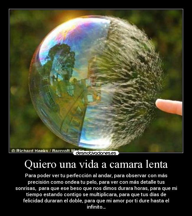 Quiero una vida a camara lenta - Para poder ver tu perfección al andar, para observar con más
precisión como ondea tu pelo, para ver con más detalle tus
sonrisas,  para que ese beso que nos dimos durara horas, para que mi
tiempo estando contigo se multiplicara, para que tus días de
felicidad duraran el doble, para que mi amor por ti dure hasta el
infinito…