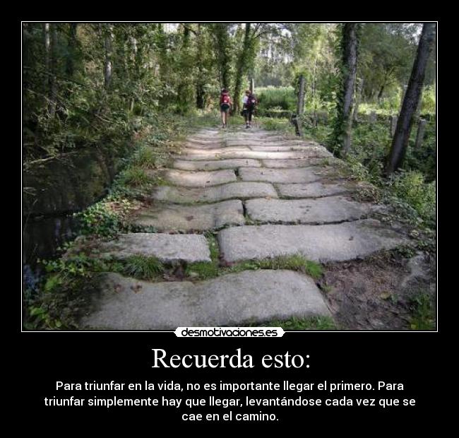 Recuerda esto: - Para triunfar en la vida, no es importante llegar el primero. Para
triunfar simplemente hay que llegar, levantándose cada vez que se
cae en el camino.
