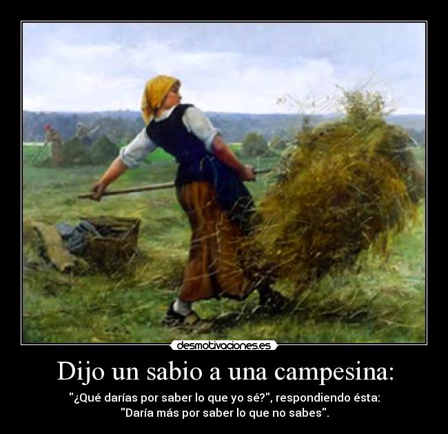 Dijo un sabio a una campesina: - ¿Qué darías por saber lo que yo sé?, respondiendo ésta:
Daría más por saber lo que no sabes.