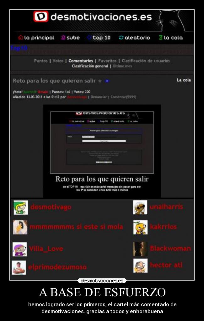 A BASE DE ESFUERZO - hemos logrado ser los primeros, el cartel más comentado de
desmotivaciones. gracias a todos y enhorabuena