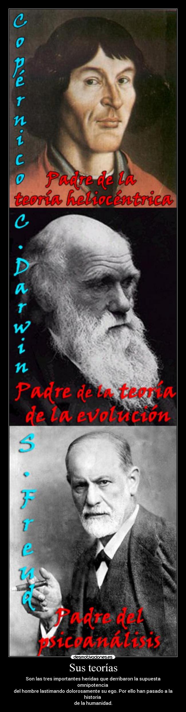 carteles copernicogalileodarwinteoriashumanidadculturapsicoanalisisevolucionheliocentrismodios desmotivaciones