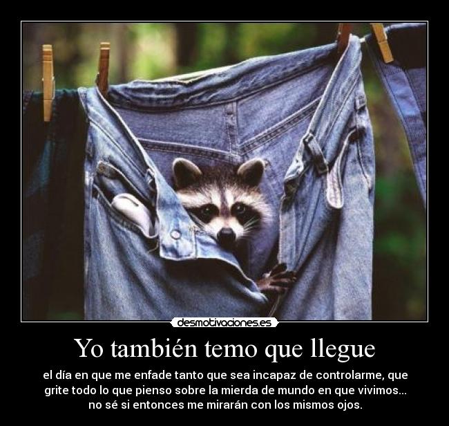 Yo también temo que llegue - el día en que me enfade tanto que sea incapaz de controlarme, que
grite todo lo que pienso sobre la mierda de mundo en que vivimos...
no sé si entonces me mirarán con los mismos ojos.