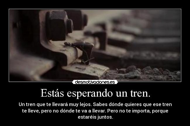 Estás esperando un tren. - Un tren que te llevará muy lejos. Sabes dónde quieres que ese tren
te lleve, pero no dónde te va a llevar. Pero no te importa, porque
estaréis juntos.