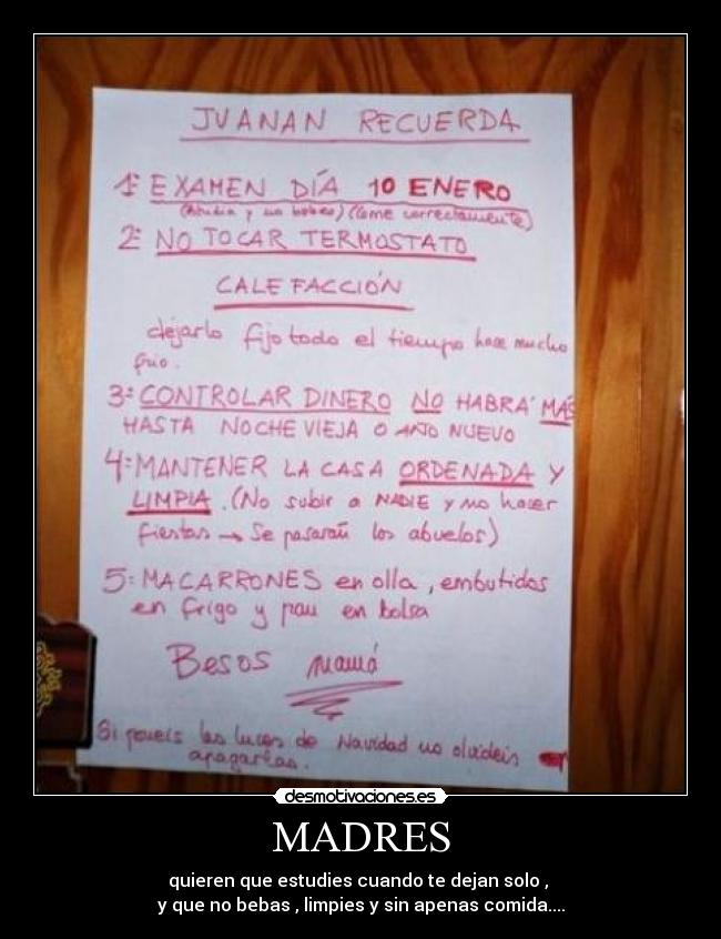 MADRES - quieren que estudies cuando te dejan solo ,
y que no bebas , limpies y sin apenas comida....