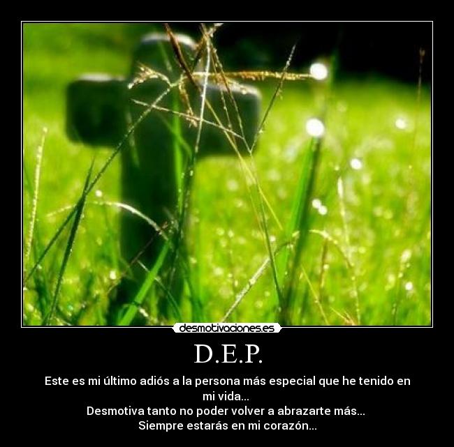 D.E.P. - Este es mi último adiós a la persona más especial que he tenido en mi vida...
Desmotiva tanto no poder volver a abrazarte más...
Siempre estarás en mi corazón...