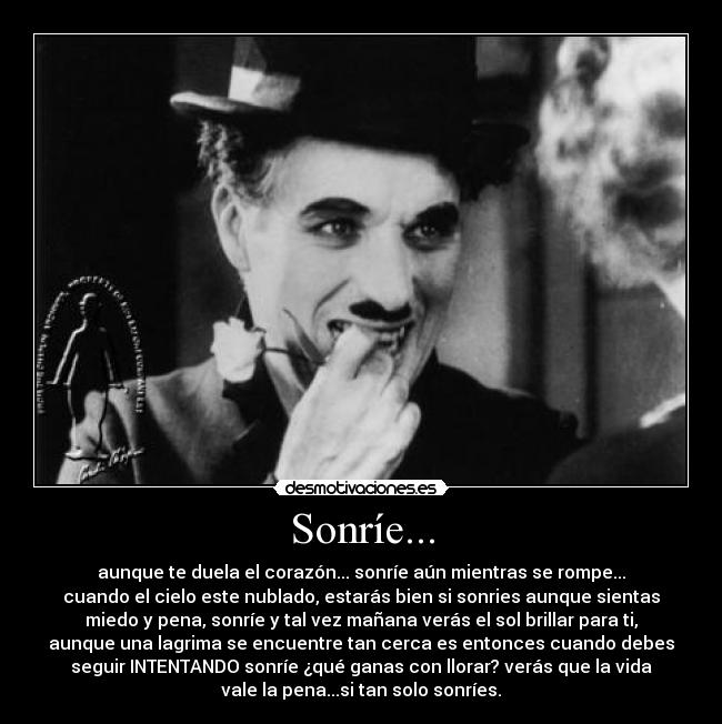 Sonríe... - aunque te duela el corazón... sonríe aún mientras se rompe...
cuando el cielo este nublado, estarás bien si sonries aunque sientas
miedo y pena, sonríe y tal vez mañana verás el sol brillar para ti,
aunque una lagrima se encuentre tan cerca es entonces cuando debes
seguir INTENTANDO sonríe ¿qué ganas con llorar? verás que la vida
vale la pena...si tan solo sonríes.