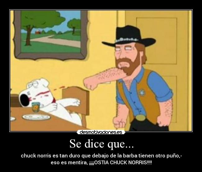 Se dice que... - chuck norris es tan duro que debajo de la barba tienen otro puño,-
eso es mentira, ¡¡¡¡OSTIA CHUCK NORRIS!!!!