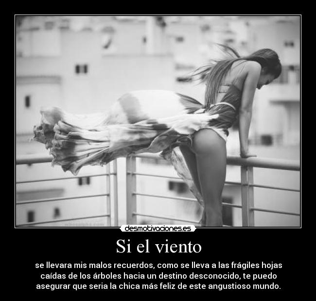 Si el viento - se llevara mis malos recuerdos, como se lleva a las frágiles hojas
caídas de los árboles hacia un destino desconocido, te puedo
asegurar que seria la chica más feliz de este angustioso mundo.