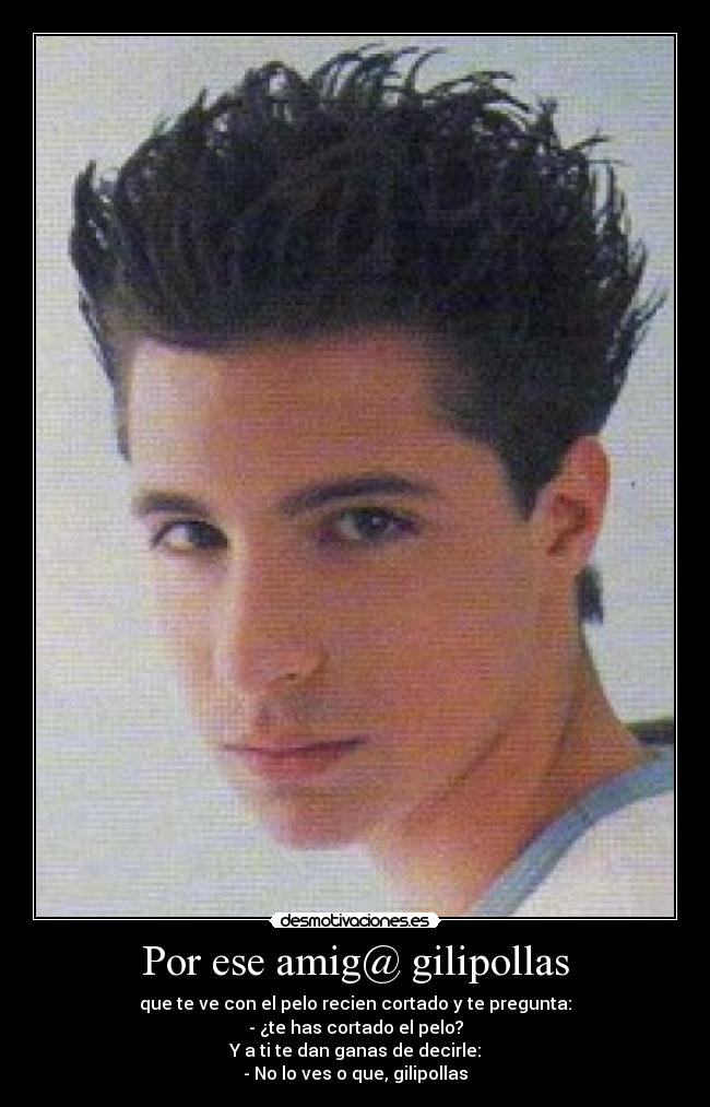 Por ese amig@ gilipollas - que te ve con el pelo recien cortado y te pregunta:
- ¿te has cortado el pelo?
Y a ti te dan ganas de decirle:
- No lo ves o que, gilipollas
