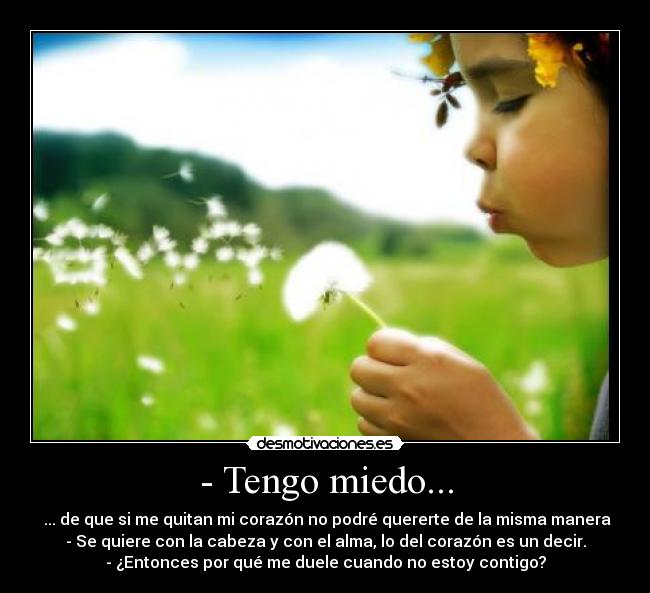 - Tengo miedo... - ‎... de que si me quitan mi corazón no podré quererte de la misma manera
- Se quiere con la cabeza y con el alma, lo del corazón es un decir.
- ¿Entonces por qué me duele cuando no estoy contigo?