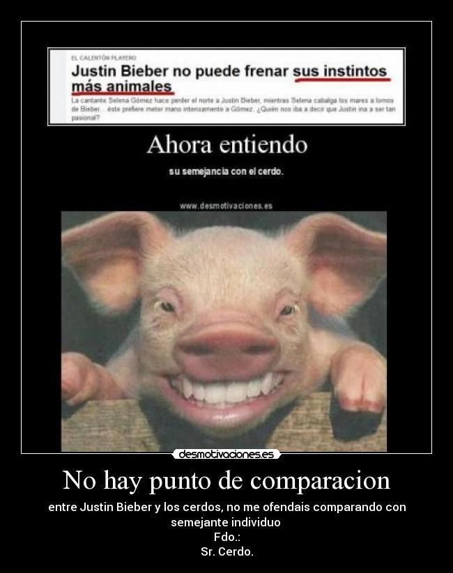 No hay punto de comparacion - entre Justin Bieber y los cerdos, no me ofendais comparando con
semejante individuo 
Fdo.:
Sr. Cerdo.