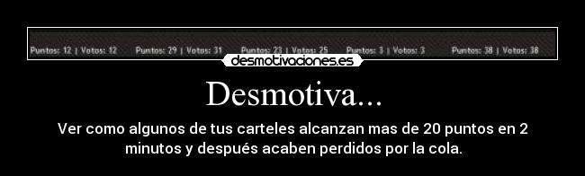 Desmotiva... - Ver como algunos de tus carteles alcanzan mas de 20 puntos en 2
minutos y después acaben perdidos por la cola.