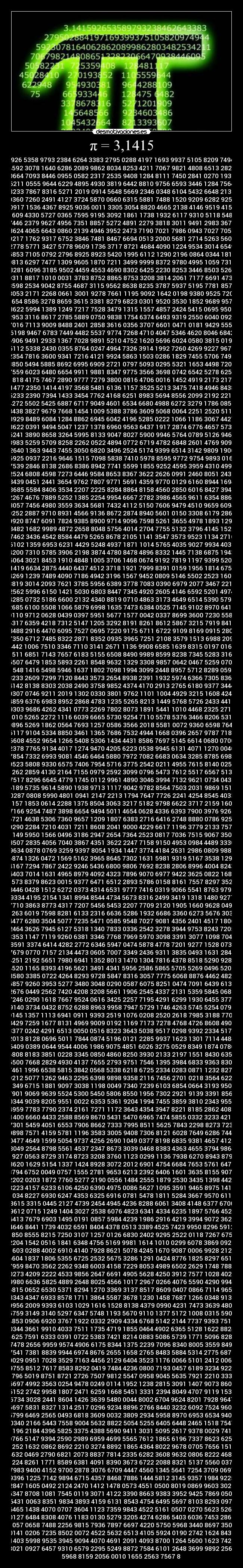 π = 3,1415 - 926 5358 9793 2384 6264 3383 2795 0288 4197 1693 9937 5105 8209 7494
4592 3078 1640 6286 2089 9862 8034 8253 4211 7067 9821 4808 6513 2823
0664 7093 8446 0955 0582 2317 2535 9408 1284 8111 7450 2841 0270 1938
5211 0555 9644 6229 4895 4930 3819 6442 8810 9756 6593 3446 1284 7564
8233 7867 8316 5271 2019 0914 5648 5669 2346 0348 6104 5432 6648 2133
9360 7260 2491 4127 3724 5870 0660 6315 5881 7488 1520 9209 6282 9254
0917 1536 4367 8925 9036 0011 3305 3054 8820 4665 2138 4146 9519 4151
1609 4330 5727 0365 7595 9195 3092 1861 1738 1932 6117 9310 5118 5480
7446 2379 9627 4956 7351 8857 5272 4891 2279 3818 3011 9491 2983 3673
3624 4065 6643 0860 2139 4946 3952 2473 7190 7021 7986 0943 7027 7053
9217 1762 9317 6752 3846 7481 8467 6694 0513 2000 5681 2714 5263 5608
2778 5771 3427 5778 9609 1736 3717 8721 4684 4090 1224 9534 3014 6549
5853 7105 0792 2796 8925 8923 5420 1995 6112 1290 2196 0864 0344 1815
9813 6297 7477 1309 9605 1870 7211 3499 9999 8372 9780 4995 1059 7317
3281 6096 3185 9502 4459 4553 4690 8302 6425 2230 8253 3446 8503 5261
9311 8817 1010 0031 3783 8752 8865 8753 3208 3814 2061 7177 6691 4730
3598 2534 9042 8755 4687 3115 9562 8638 8235 3787 5937 5195 7781 8577
8053 2171 2268 0661 3001 9278 7661 1195 9092 1642 0198 9380 9525 7201
0654 8586 3278 8659 3615 3381 8279 6823 0301 9520 3530 1852 9689 9577
3622 5994 1389 1249 7217 7528 3479 1315 1557 4857 2424 5415 0695 9508
2953 3116 8617 2785 5889 0750 9838 1754 6374 6493 9319 2550 6040 0927
7016 7113 9009 8488 2401 2858 3616 0356 3707 6601 0471 0181 9429 5559
6198 9467 6783 7449 4482 5537 9774 7268 4710 4047 5346 4620 8046 6842
5906 9491 2933 1367 7028 9891 5210 4752 1620 5696 6024 0580 3815 0193
5112 5338 2430 0355 8764 0247 4964 7326 3914 1992 7260 4269 9227 9678
2354 7816 3600 9341 7216 4121 9924 5863 1503 0286 1829 7455 5706 7498
3850 5494 5885 8692 6995 6909 2721 0797 5093 0295 5321 1653 4498 7202
7559 6023 6480 6654 9911 9881 8347 9775 3566 3698 0742 6542 5278 6255
1818 4175 7467 2890 9777 7279 3800 0816 4706 0016 1452 4919 2173 2172
1477 2350 1414 4197 3568 5481 6136 1157 3525 5213 3475 7418 4946 8438
5233 2390 7394 1433 3454 7762 4168 6251 8983 5694 8556 2099 2192 2218
4272 5502 5425 6887 6717 9049 4601 6534 6680 4988 6272 3279 1786 0857
8438 3827 9679 7668 1454 1009 5388 3786 3609 5068 0064 2251 2520 5117
3929 8489 6084 1284 8862 6945 6042 4196 5285 0222 1066 1186 3067 4427
8622 0391 9494 5047 1237 1378 6960 9563 6437 1917 2874 6776 4657 5739
6241 3890 8658 3264 5995 8133 9047 8027 5900 9946 5764 0789 5126 9468
3983 5259 5709 8258 2262 0522 4894 0772 6719 4782 6848 2601 4769 9090
2640 1363 9443 7455 3050 6820 3496 2524 5174 9399 6514 3142 9809 1906
5925 0937 2216 9646 1515 7098 5838 7410 5978 8595 9772 9754 9893 0161
7539 2846 8138 2686 8386 8942 7741 5599 1855 9252 4595 3959 4310 4997
2524 6808 4598 7273 6446 9584 8653 8367 3622 2626 0991 2460 8051 2438
8439 0451 2441 3654 9762 7807 9771 5691 4359 9770 0129 6160 8944 1694
8685 5584 8406 3534 2207 2225 8284 8864 8158 4560 2850 6016 8427 3945
2267 4676 7889 5252 1385 2254 9954 6667 2782 3986 4565 9611 6354 8862
3057 7456 4980 3559 3634 5681 7432 4112 5150 7606 9479 4510 9659 6094
0252 2887 9710 8931 4566 9136 8672 2874 8940 5601 0150 3308 6179 2868
0920 8747 6091 7824 9385 8900 9714 9096 7598 5261 3655 4978 1893 1297
8482 1682 9989 4872 2658 8048 5756 4014 2704 7755 5132 3796 4145 1523
7462 3436 4542 8584 4479 5265 8678 2105 1141 3547 3573 9523 1134 2716
6102 1359 6953 6231 4429 5248 4937 1871 1014 5765 4035 9027 9934 4037
4200 7310 5785 3906 2198 3874 4780 8478 4896 8332 1445 7138 6875 1943
5064 3021 8453 1910 4848 1005 3706 1468 0674 9192 7819 1197 9399 5206
1419 6634 2875 4440 6437 4512 3718 1921 7999 8391 0159 1956 1814 6751
4269 1239 7489 4090 7186 4942 3196 1567 9452 0809 5146 5502 2523 1603
8819 3014 2093 7621 3785 5956 6389 3778 7083 0390 6979 2077 3467 2218
2562 5996 6150 1421 5030 6803 8447 7345 4920 2605 4146 6592 5201 4974
4285 0732 5186 6600 2132 4340 8819 0710 4863 3173 4649 6514 5390 5796
2685 6100 5508 1066 5879 6998 1635 7473 6384 0525 7145 9102 8970 6414
0110 9712 0628 0439 0397 5951 5677 1577 0042 0337 8699 3600 7230 5587
6317 6359 4218 7312 5147 1205 3292 8191 8261 8612 5867 3215 7919 8414
8488 2916 4470 6095 7527 0695 7220 9175 6711 6722 9109 8169 0915 2801
7350 6712 7485 8322 2871 8352 0935 3965 7251 2108 3579 1513 6988 2091
4442 1006 7510 3346 7110 3141 2671 1136 9908 6585 1639 8315 0197 0165
1511 6851 7143 7657 6183 5155 6508 8490 9989 8599 8238 7345 5283 3163
5507 6479 1853 5893 2261 8548 9632 1329 3308 9857 0642 0467 5259 0709
1548 1416 5498 5946 1637 1802 7098 1994 3099 2448 8957 5712 8289 0592
3233 2609 7299 7120 8443 3573 2654 8938 2391 1932 5974 6366 7305 8360
4142 8138 8303 2038 2490 3758 9852 4374 4170 2913 2765 6180 9377 3444
0307 0746 9211 2019 1302 0330 3801 9762 1101 1004 4929 3215 1608 4244
4859 6376 6983 8952 2868 4783 1235 5265 8213 1449 5768 5726 2433 4418
9303 9686 4262 4341 0773 2269 7802 8073 1891 5441 1010 4468 2325 2716
2010 5265 2272 1116 6039 6665 5730 9254 7110 5578 5376 3466 8206 5310
9896 5269 1862 0564 7693 1257 0586 3566 2018 5581 0072 9360 6598 7648
6117 9104 5334 8850 3461 1365 7686 7532 4944 1668 0396 2657 9787 7185
5608 4552 9654 1266 5408 5306 1434 4431 8586 7697 5145 6614 0680 0700
2378 7765 9134 4017 1274 9470 4205 6223 0538 9945 6131 4071 1270 0040
7854 7332 6993 9081 4546 6464 5880 7972 7082 6683 0634 3285 8785 6983
0523 5808 9330 6575 7406 7954 5716 3775 2542 0211 4955 7615 8140 0250
1262 2859 4130 2164 7155 0979 2592 3099 0796 5473 7612 5517 6567 5135
7517 8296 6645 4779 1745 0112 9961 4890 3046 3994 7132 9621 0734 0437
5189 5735 9614 5890 1938 9713 1117 9042 9782 8564 7503 2031 9869 1514
0287 0808 5990 4801 0941 2147 2213 1794 7647 7726 2241 4254 8545 4033
2157 1853 0614 2288 1375 8504 3063 3217 5182 9798 6622 3717 2159 1607
7166 9254 7487 3898 6654 9494 5011 4654 0628 4336 6393 7900 3976 9265
6721 4638 5306 7360 9657 1209 1807 6383 2716 6416 2748 8880 0786 9256
0290 2284 7210 4031 7211 8608 2041 9000 4229 6617 1196 3779 2133 7575
1149 5950 1566 0496 3186 2947 2654 7364 2523 0817 7036 7515 9067 3502
3507 2835 4056 7040 3867 4351 3622 2247 7158 9150 4953 0984 4489 3330
9634 0878 0769 3259 9397 8054 1934 1447 3774 4184 2631 2986 0809 9888
6874 1326 0472 1569 5162 3965 8645 7302 1631 5981 9319 5167 3538 1297
4167 7294 7867 2422 9246 5436 6800 9806 7692 8238 2806 8996 4004 8243
5403 7014 1631 4965 8979 4092 4323 7896 9070 6977 9422 3625 0822 1688
9573 8379 8623 0015 9377 6471 6512 2893 5786 0158 8161 7557 8297 3523
3446 0428 1512 6272 0373 4314 6531 9777 7416 0319 9066 5541 8763 9792
9334 4195 2154 1341 8994 8544 4734 5673 8316 2499 3419 1318 1480 9277
7710 3863 8773 4317 7207 5456 5453 2207 7709 2120 1905 1660 9628 0490
9263 6019 7598 8281 6133 2316 6636 5286 1932 6686 3360 6273 5676 3035
4477 6280 3504 5077 7235 5471 0585 9548 7027 9081 4356 2401 4517 1806
2464 3626 7945 6127 5318 1340 7833 0336 2542 3278 3944 9753 8243 7205
8353 1147 7119 9260 6381 3346 7768 7969 5970 3098 3391 3077 1098 7040
8591 3374 6414 4282 2772 6346 5947 0474 5878 4778 7201 9277 1528 0731
7679 0770 7157 2134 4473 0605 7007 3349 2436 9311 3835 0493 1631 2840
4251 2192 5651 7980 6941 1352 8013 1470 1304 7816 4378 8518 5290 9285
4520 1165 8393 4196 5621 3491 4341 5956 2586 5865 5705 5269 0496 5209
8580 3385 0722 4264 8293 9728 5847 8316 3057 7775 6068 8876 4462 4824
6857 9260 3953 5277 3480 3048 0290 0587 6075 8251 0474 7091 6439 6136
2676 0449 2562 7420 4208 3208 5661 1906 2545 4337 2131 5359 5845 0687
7246 0290 1618 7667 9524 0616 3425 2257 7195 4291 6299 1930 6455 3779
9140 3734 0432 8752 6288 8963 9958 7947 5729 1746 4263 5745 5254 0790
9145 1357 1113 6941 0911 9393 2519 1076 0208 2520 2618 7985 3188 7705
8429 7259 1677 8131 4969 9009 0192 1169 7173 7278 4768 4726 8608 4900
3377 0242 4291 6513 0050 0516 8323 3643 5038 9517 0298 9392 2334 5172
2013 8128 0696 5011 7844 0874 5196 0121 2285 9937 1623 1301 7114 4484
6409 0389 0644 9544 4006 1986 9075 4851 6026 3275 0529 8349 1874 0786
6808 8183 3851 0228 3345 0850 4860 8250 3930 2133 2197 1551 8430 6354
5500 7668 2829 4930 4137 7655 2793 9751 7546 1395 3984 6833 9363 8304
7461 1996 6538 5815 3842 0568 5338 6218 6725 2334 0283 0871 1232 8278
9212 5077 1262 9463 2295 6398 9898 9358 2116 7456 2701 0218 3564 6220
1349 6715 1881 9097 3038 1198 0049 7340 7239 6103 6854 0664 3193 9509
7901 9069 9639 5524 5300 5450 5806 8550 1956 7302 2921 9139 3391 8568
0344 9039 8205 9551 0022 6353 5361 9204 1994 7455 3859 3810 2343 9554
4959 7783 7790 2374 2161 7271 1172 3643 4354 3947 8221 8185 2862 4085
1400 6660 4433 2588 8569 8670 5431 5470 6965 7474 5855 0332 3233 4210
7301 5459 4051 6553 7906 8662 7333 7995 8511 5625 7843 2298 8273 7231
9898 7571 4159 5781 1196 3583 3005 9408 7306 8121 6028 7649 6286 7446
0477 4649 1599 5054 9737 4256 2690 1049 0377 8198 6835 9381 4657 4126
8049 2564 8798 5561 4537 2347 8673 3039 0468 8383 4363 4655 3794 9864
1927 0563 8729 3174 8723 3208 3760 1123 0299 1136 7938 6270 8943 8799
3620 1629 5154 1337 1424 8928 3072 2012 6901 4754 6684 7653 5761 6477
3794 6752 0049 0757 1555 2781 9653 6213 2392 6406 1601 3635 8155 9074
2202 0203 1872 7760 5277 2190 0556 1484 2555 1879 2530 3435 1398 4425
3223 4157 6233 6106 4250 6390 4975 0086 5627 1095 3591 9465 8975 1413
1034 8227 6930 6247 4353 6325 6916 0781 5478 1811 5284 3667 9570 6110
8615 3315 0445 2127 4739 2454 4945 4236 8288 6061 3408 4148 6377 6700
9612 0715 1249 1404 3027 2538 6076 4823 6341 4334 6235 1897 5766 4521
6413 7679 6903 1495 0191 0857 5984 4239 1986 2916 4219 3994 9072 3623
4646 8441 1739 4032 6591 8404 4378 0513 3389 4525 7423 9950 8296 5912
2850 8555 8215 7250 3107 1257 0126 6830 2402 9295 2522 0118 7267 6756
2204 1542 0516 1841 6348 4756 5169 9981 1614 1010 0299 6078 3869 0929
1603 0288 4002 6910 4140 7928 8621 5078 4245 1670 9087 0006 9928 2120
6604 1837 1806 5355 6725 2532 5675 3286 1291 0424 8776 1825 8297 6515
7959 8470 3562 2262 9348 6003 4158 7229 8053 4989 6502 2629 1748 7882
0273 4209 2222 4533 9856 2647 6691 4905 5628 4250 3912 7577 1028 4027
9980 6636 5825 4889 2648 8025 4566 1017 2967 0266 4076 5590 4290 9945
6815 0652 6530 5371 8294 1270 3369 3137 8517 8609 0407 0866 7114 9655
8343 4347 6933 8578 1711 3864 5587 3678 1230 1458 7687 1266 0348 9139
0956 2009 9393 6103 1029 1616 1528 8138 4379 0990 4231 7473 3639 4804
5759 3149 3140 5297 6347 5748 1193 5670 9110 1377 5172 1008 0315 5902
4853 0906 6920 3767 1922 0332 2909 4334 6768 5142 2144 7737 9393 7517
0344 3661 9910 4033 7511 1735 4719 1855 0464 4902 6365 5128 1622 8824
4625 7591 6333 0391 0722 5383 7421 8214 0883 5086 5739 1771 5096 8288
7478 2656 9959 9574 4906 6175 8344 1375 2239 7096 8340 8005 3559 8491
7541 7381 8839 9944 6974 8676 2655 1658 2765 8483 5884 5314 2775 6879
0029 0951 7028 3529 7163 4456 2129 6404 3523 1176 0066 5101 2412 0065
9755 8512 7617 8583 8292 0419 7484 4236 0800 7193 0457 6189 3234 9229
2796 5019 8751 8721 2726 7507 9812 5547 0958 9045 5635 7921 2210 3334
6697 4992 3563 0254 9478 0249 0114 1952 1238 2815 3091 1407 9073 8602
5152 2742 9958 1807 2471 6259 1668 5451 3331 2394 8049 4707 9119 1532
6734 3028 2441 8604 1426 3639 5480 0044 8002 6704 9624 8201 7928 9647
6697 5831 8327 1314 2517 0296 9234 8896 2766 8440 3232 6092 7524 9603
5799 6469 2565 0493 6818 3609 0032 3809 2934 5958 8970 6953 6534 9406
0340 2166 5443 7558 9004 5632 8822 5054 5255 6405 6448 2465 1518 7547
1196 2184 4396 5825 3375 4388 5690 9411 3031 5095 2617 9378 0029 7412
0766 5147 9394 2590 2989 6959 4699 5565 7612 1865 6196 7337 8623 6256
1252 1632 0862 8692 2210 3274 8892 1865 4364 8022 9678 0705 7656 1514
4632 0469 2790 6821 2073 8837 7814 2335 6282 3608 9632 0806 8222 4680
1224 8261 1771 8589 6381 4091 8390 3673 6722 2088 8321 5137 5560 0372
7983 9400 4152 9700 2878 3076 6709 4447 4560 1345 5641 7254 3709 0697
9396 1225 7142 9894 6715 4357 8468 7886 1444 5812 3145 9357 1984 9225
2847 1605 0492 2124 2470 1412 1478 0573 4551 0500 8019 0869 9603 3027
6347 8708 1081 7545 0119 3071 4122 3390 8663 9383 3952 9425 7869 0507
6431 0063 8351 9834 3893 4159 6131 8543 4754 6495 5697 8103 8293 0971
6465 1438 4070 0707 3604 1123 7359 9843 4522 5161 0507 0270 5623 5266
0127 6484 8308 4076 1183 0130 5279 3205 4274 6286 5403 6036 7453 2865
1057 0658 7488 2256 9815 7936 7897 6697 4220 5750 5968 3440 8697 3502
0141 0206 7235 8502 0072 4522 5632 6513 4105 5924 0190 2742 1624 8439
1403 5998 9535 3945 9094 4070 4691 2091 4093 8700 1264 5600 1623 7428
8021 0927 6457 9310 6579 2295 5249 8872 7584 6101 2648 3699 9892 2569
5968 8159 2056 0010 1655 2563 7567 8