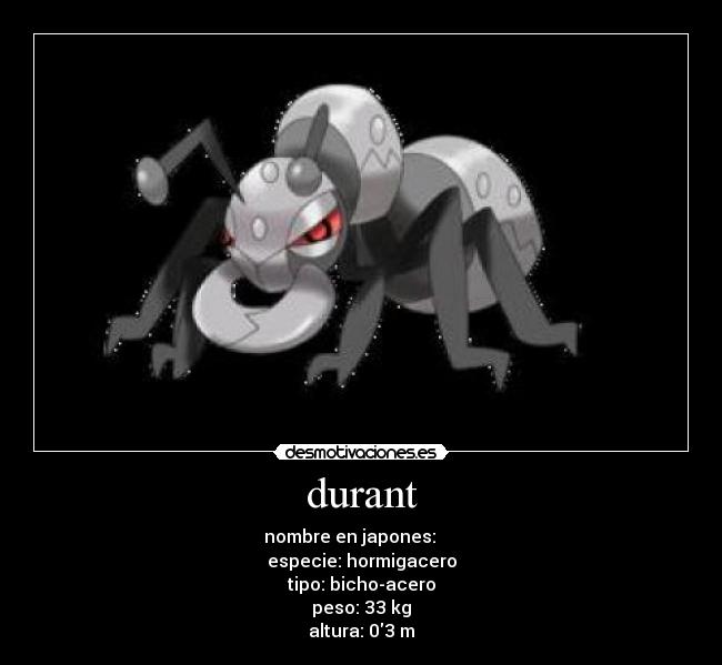 durant - nombre en japones: アイアント
especie: hormigacero
tipo: bicho-acero
peso: 33 kg
altura: 03 m