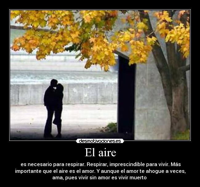 El aire - es necesario para respirar. Respirar, imprescindible para vivir. Más
importante que el aire es el amor. Y aunque el amor te ahogue a veces,
ama, pues vivir sin amor es vivir muerto