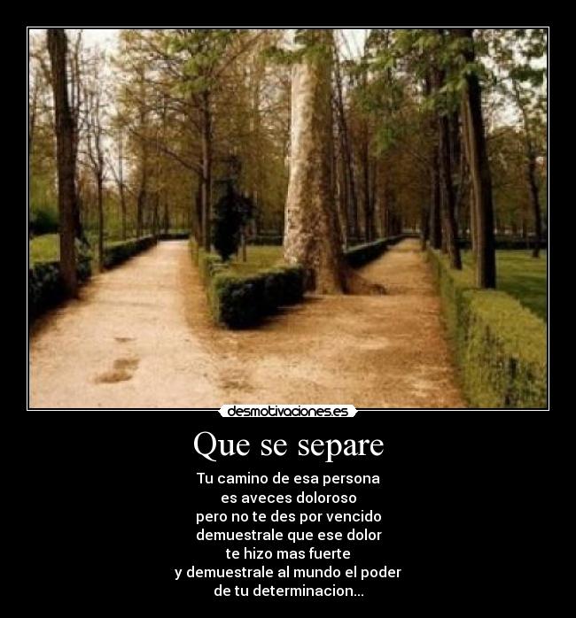 Que se separe - Tu camino de esa persona
es aveces doloroso
pero no te des por vencido
demuestrale que ese dolor
te hizo mas fuerte
y demuestrale al mundo el poder
de tu determinacion...