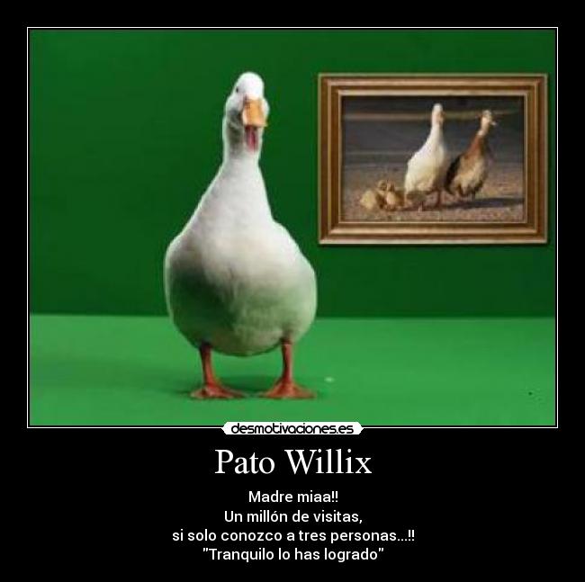 Pato Willix - Madre miaa!!
Un millón de visitas,
si solo conozco a tres personas...!!
Tranquilo lo has logrado