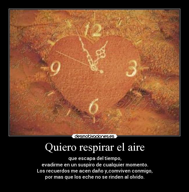 Quiero respirar el aire - que escapa del tiempo,
evadirme en un suspiro de cualquier momento.
Los recuerdos me acen daño y,comviven conmigo,
por mas que los eche no se rinden al olvido.
