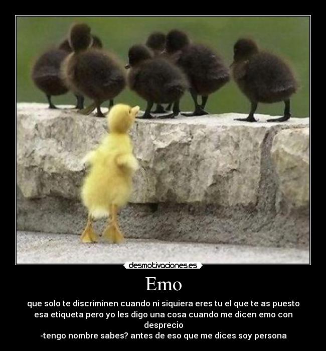 Emo - que solo te discriminen cuando ni siquiera eres tu el que te as puesto
esa etiqueta pero yo les digo una cosa cuando me dicen emo con
desprecio
-tengo nombre sabes? antes de eso que me dices soy persona