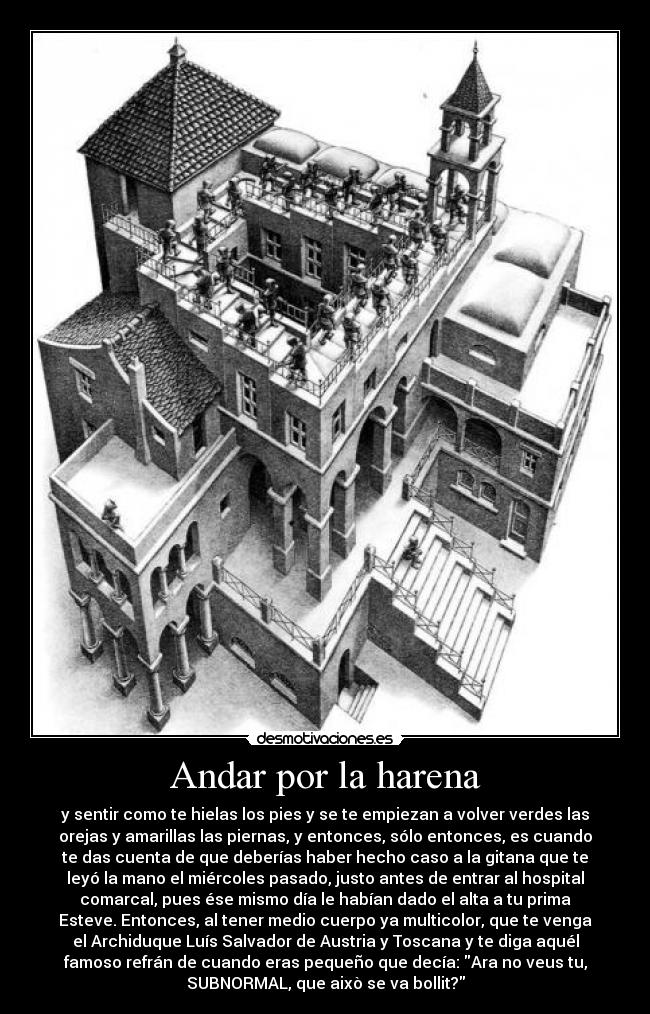 Andar por la harena - y sentir como te hielas los pies y se te empiezan a volver verdes las
orejas y amarillas las piernas, y entonces, sólo entonces, es cuando
te das cuenta de que deberías haber hecho caso a la gitana que te
leyó la mano el miércoles pasado, justo antes de entrar al hospital
comarcal, pues ése mismo día le habían dado el alta a tu prima
Esteve. Entonces, al tener medio cuerpo ya multicolor, que te venga
el Archiduque Luís Salvador de Austria y Toscana y te diga aquél
famoso refrán de cuando eras pequeño que decía: Ara no veus tu,
SUBNORMAL, que això se va bollit?
