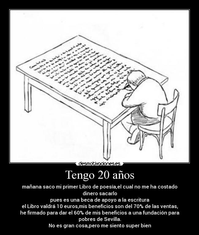 Tengo 20 años - mañana saco mi primer Libro de poesía,el cual no me ha costado dinero sacarlo
pues es una beca de apoyo a la escritura
el Libro valdrá 10 euros,mis beneficios son del 70% de las ventas,
he firmado para dar el 60% de mis beneficios a una fundación para pobres de Sevilla.
No es gran cosa,pero me siento super bien