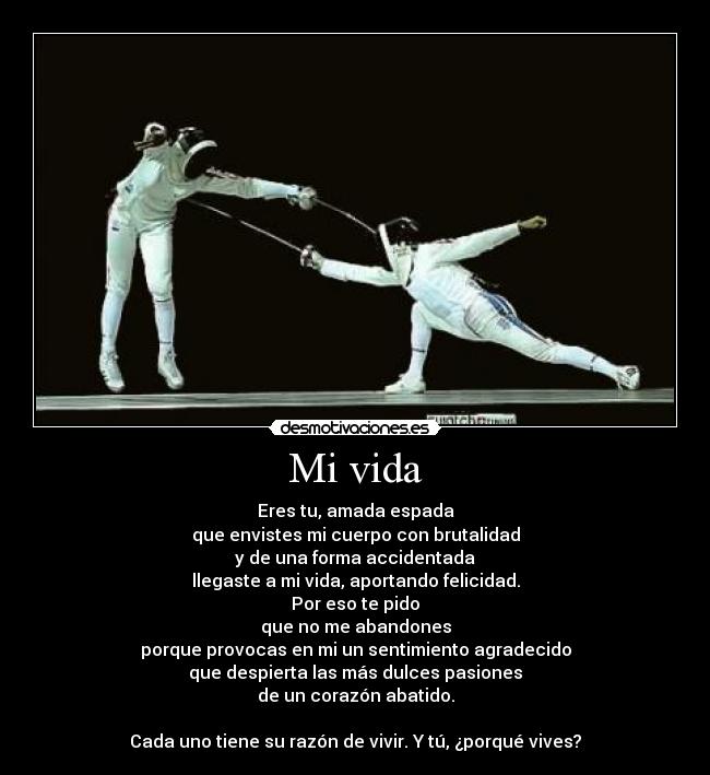 Mi vida - Eres tu, amada espada
que envistes mi cuerpo con brutalidad
y de una forma accidentada
llegaste a mi vida, aportando felicidad.
Por eso te pido
que no me abandones
porque provocas en mi un sentimiento agradecido
que despierta las más dulces pasiones
de un corazón abatido.

Cada uno tiene su razón de vivir. Y tú, ¿porqué vives?