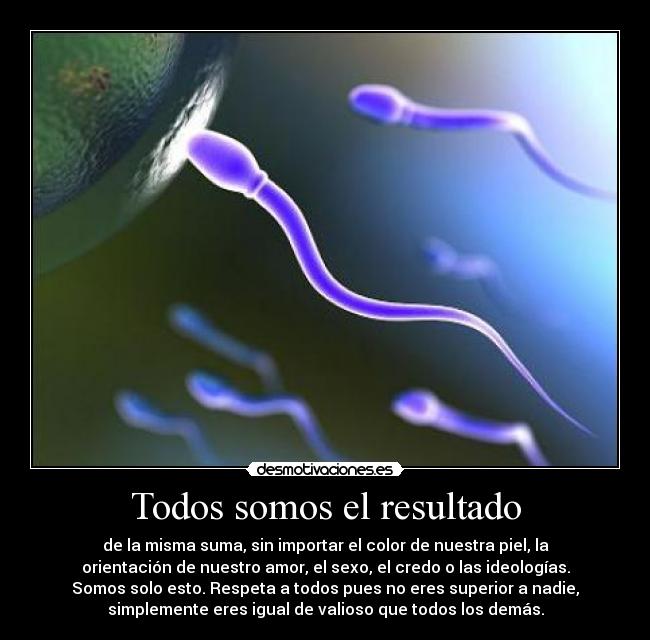 Todos somos el resultado - de la misma suma, sin importar el color de nuestra piel, la
orientación de nuestro amor, el sexo, el credo o las ideologías.
Somos solo esto. Respeta a todos pues no eres superior a nadie,
simplemente eres igual de valioso que todos los demás.