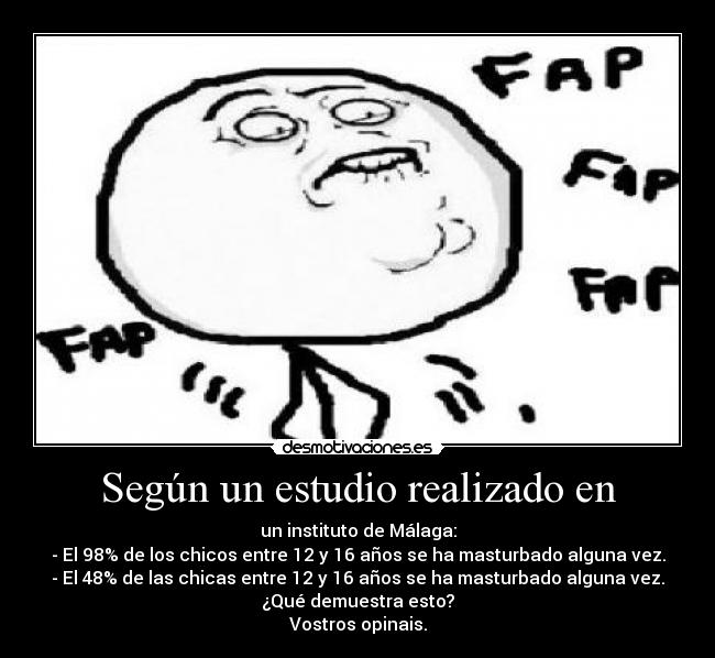 Según un estudio realizado en - un instituto de Málaga:
- El 98% de los chicos entre 12 y 16 años se ha masturbado alguna vez.
- El 48% de las chicas entre 12 y 16 años se ha masturbado alguna vez.
¿Qué demuestra esto?
Vostros opinais.