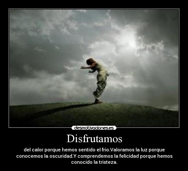 Disfrutamos - del calor porque hemos sentido el frio.Valoramos la luz porque
conocemos la oscuridad.Y comprendemos la felicidad porque hemos
conocido la tristeza.