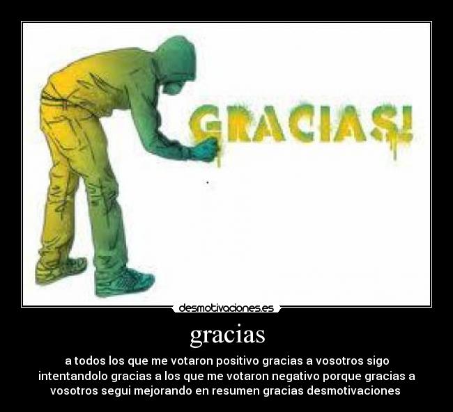 gracias - a todos los que me votaron positivo gracias a vosotros sigo
intentandolo gracias a los que me votaron negativo porque gracias a
vosotros segui mejorando en resumen gracias desmotivaciones