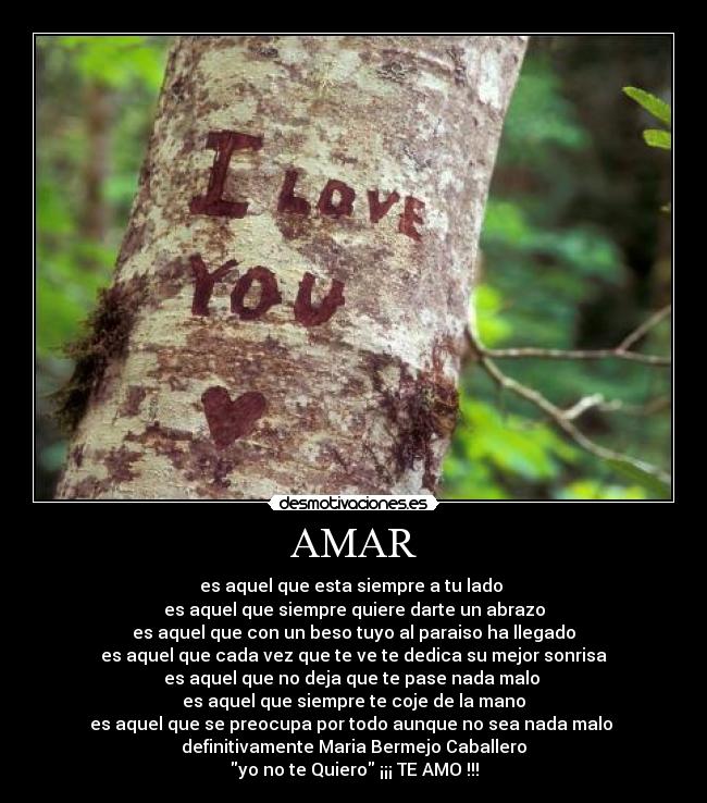 AMAR - es aquel que esta siempre a tu lado
es aquel que siempre quiere darte un abrazo
es aquel que con un beso tuyo al paraiso ha llegado
es aquel que cada vez que te ve te dedica su mejor sonrisa
es aquel que no deja que te pase nada malo
es aquel que siempre te coje de la mano
es aquel que se preocupa por todo aunque no sea nada malo
definitivamente Maria Bermejo Caballero
yo no te Quiero ¡¡¡ TE AMO !!!