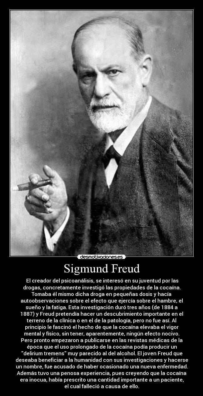Sigmund Freud - El creador del psicoanálisis, se interesó en su juventud por las
drogas, concretamente investigó las propiedades de la cocaína.
Tomaba él mismo dicha droga en pequeñas dosis y hacía
autoobservaciones sobre el efecto que ejercía sobre el hambre, el
sueño y la fatiga. Esta investigación duró tres años (de 1884 a
1887) y Freud pretendía hacer un descubrimiento importante en el
terreno de la clínica o en el de la patología, pero no fue así. Al
principio le fascinó el hecho de que la cocaína elevaba el vigor
mental y físico, sin tener, aparentemente, ningún efecto nocivo.
Pero pronto empezaron a publicarse en las revistas médicas de la
época que el uso prolongado de la cocaína podía producir un
delirium tremens muy parecido al del alcohol. El joven Freud que
deseaba beneficiar a la humanidad con sus investigaciones y hacerse
un nombre, fue acusado de haber ocasionado una nueva enfermedad.
Además tuvo una penosa experiencia, pues creyendo que la cocaína
era inocua, había prescrito una cantidad importante a un paciente,
el cual falleció a causa de ello.