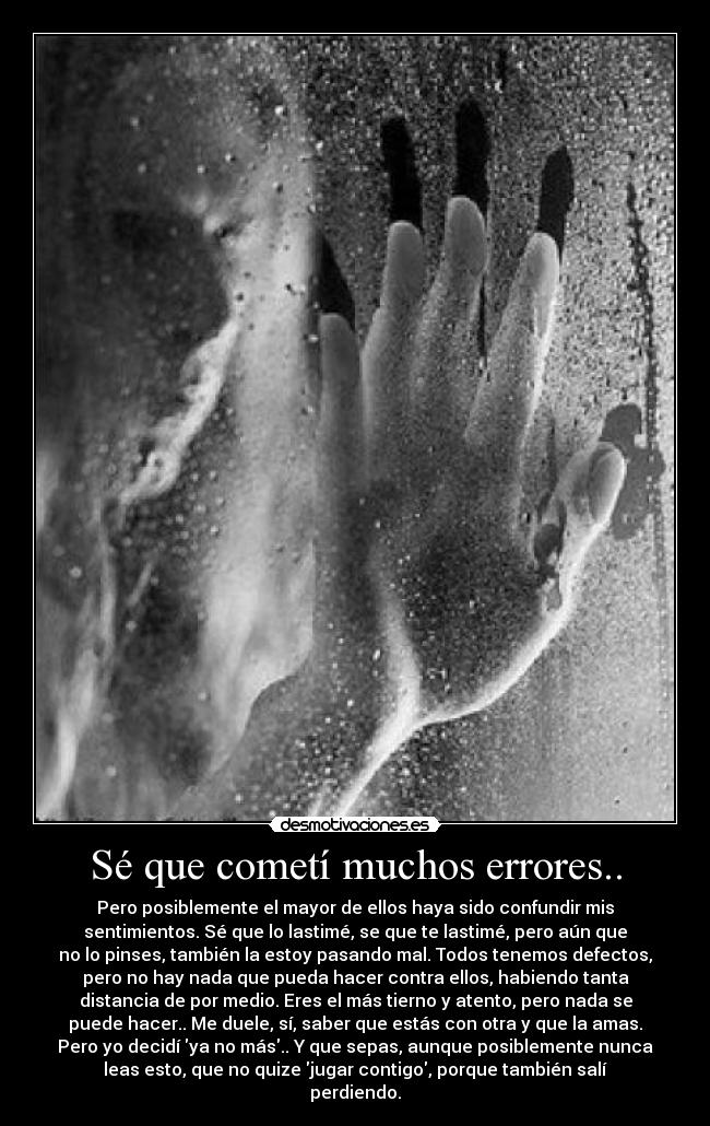 Sé que cometí muchos errores.. - Pero posiblemente el mayor de ellos haya sido confundir mis
sentimientos. Sé que lo lastimé, se que te lastimé, pero aún que
no lo pinses, también la estoy pasando mal. Todos tenemos defectos,
pero no hay nada que pueda hacer contra ellos, habiendo tanta
distancia de por medio. Eres el más tierno y atento, pero nada se
puede hacer.. Me duele, sí, saber que estás con otra y que la amas.
Pero yo decidí ya no más.. Y que sepas, aunque posiblemente nunca
leas esto, que no quize jugar contigo, porque también salí
perdiendo.