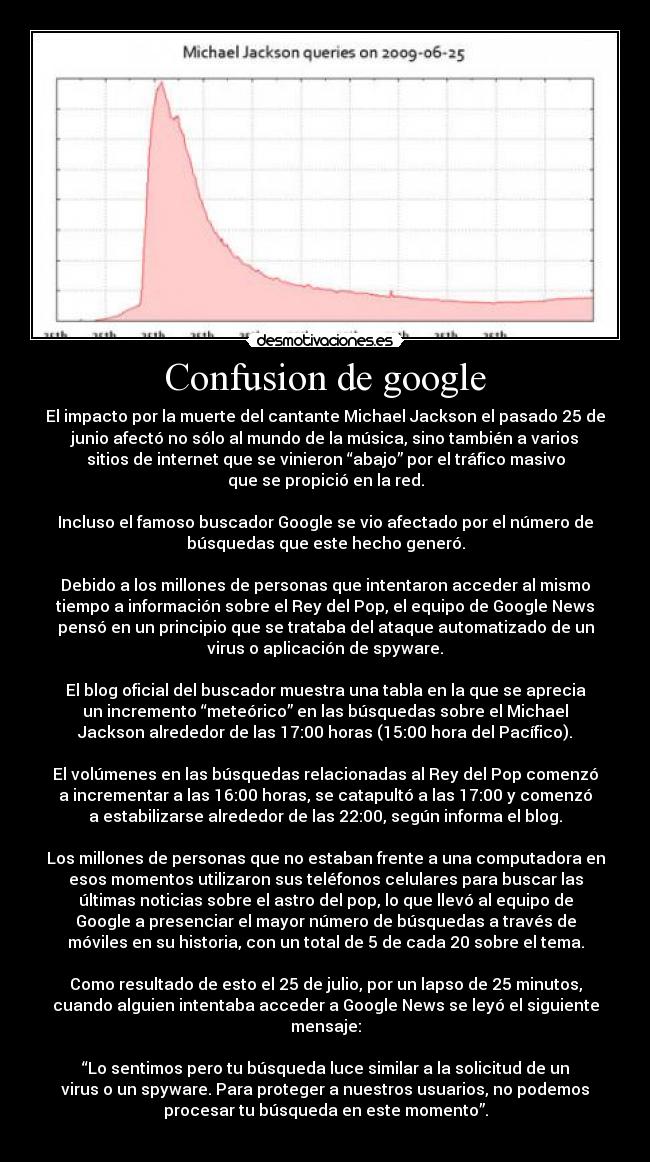 Confusion de google - El impacto por la muerte del cantante Michael Jackson el pasado 25 de
junio afectó no sólo al mundo de la música, sino también a varios
sitios de internet que se vinieron “abajo” por el tráfico masivo
que se propició en la red.
Incluso el famoso buscador Google se vio afectado por el número de
búsquedas que este hecho generó.
Debido a los millones de personas que intentaron acceder al mismo
tiempo a información sobre el Rey del Pop, el equipo de Google News
pensó en un principio que se trataba del ataque automatizado de un
virus o aplicación de spyware.
El blog oficial del buscador muestra una tabla en la que se aprecia
un incremento “meteórico” en las búsquedas sobre el Michael
Jackson alrededor de las 17:00 horas (15:00 hora del Pacífico).
El volúmenes en las búsquedas relacionadas al Rey del Pop comenzó
a incrementar a las 16:00 horas, se catapultó a las 17:00 y comenzó
a estabilizarse alrededor de las 22:00, según informa el blog.
Los millones de personas que no estaban frente a una computadora en
esos momentos utilizaron sus teléfonos celulares para buscar las
últimas noticias sobre el astro del pop, lo que llevó al equipo de
Google a presenciar el mayor número de búsquedas a través de
móviles en su historia, con un total de 5 de cada 20 sobre el tema.
Como resultado de esto el 25 de julio, por un lapso de 25 minutos,
cuando alguien intentaba acceder a Google News se leyó el siguiente
mensaje:
“Lo sentimos pero tu búsqueda luce similar a la solicitud de un
virus o un spyware. Para proteger a nuestros usuarios, no podemos
procesar tu búsqueda en este momento”.