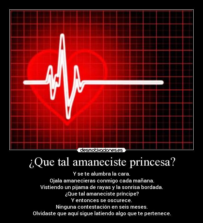 ¿Que tal amaneciste princesa? - Y se te alumbra la cara.
Ojala amanecieras conmigo cada mañana.
Vistiendo un pijama de rayas y la sonrisa bordada.
¿Que tal amaneciste príncipe?
Y entonces se oscurece.
Ninguna contestación en seis meses.
Olvidaste que aquí sigue latiendo algo que te pertenece.